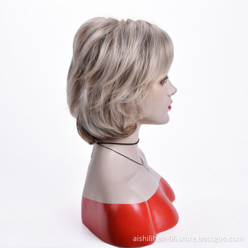 Aishili cheap short gray blonde with brown bob hair wigs straight wigs synthetic hair wigs for women